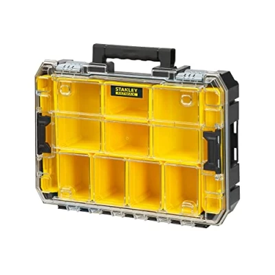 Abbildung von STANLEY FatMax Organizer Sortimentskasten (stapelbare Werkzeugbox, mit transparentem Deckel, 10 Sortiereinsätzen unterschiedlicher Größe, kombinierbar anderen Tstak Boxen) FMST82967 1