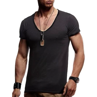 Abbildung von Leif Nelson Sommer T Shirt Herren V Ausschnitt (schwarz, Größe XXL) Coole Tshirts Neck Baumwolle Basic Shirts Männer Kurzarm tiefem