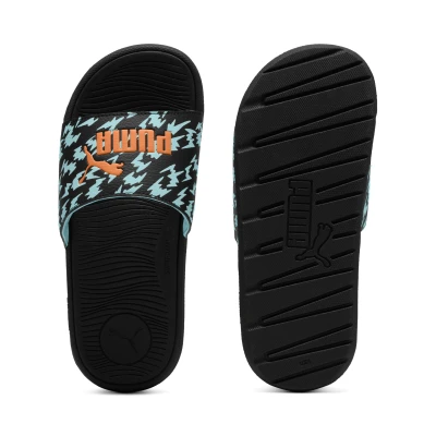 Abbildung von Puma Cool Cat Poised 2 Race Slides Teenager Für Kinder Mit Plain Black/Orange Glo/Safe Lake Größe: 35.5