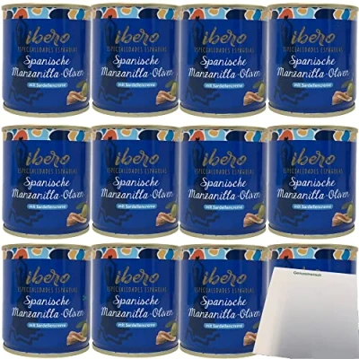 Abbildung von Ibero Spanische Manzanilla Oliven mit Sardellencreme 12er Pack (12x200g Dose) + usy Block