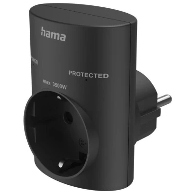 Abbildung von Hama Steckdosenadapter, Überspannungsschutz (Schutzkontakt Stecker, erhöhter Berührungsschutz, Adapter, Schutzkontaktsteckdose, Reise Zubehör, Reisestecker, Steckdosenadapter 1 fach) schwarz