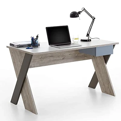Abbildung von Lomadox Schreibtisch LEEDS 10, Sandeiche Nb./weiß/Lava/Denim, BxHxT 135x76,4x67,5 cm