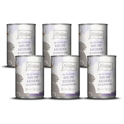 Abbildung von MjAMjAM Premium Nassfutter für Katzen DUO von saftigem Hühnchen &amp; Kaninchen an gedämpftem Kürbis, 6er Pack (6 x 400 g), getreidefrei mit extra viel Fleisch