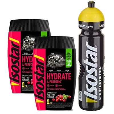 Abbildung von Isostar Hydrate &amp; Perform Red Fruits 2x400g Pulver 2er Angebotspack + Original 1000ml Trinkflasche