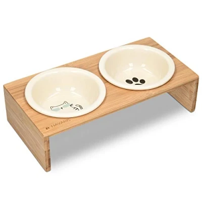 Abbildung von Navaris Tier Beschäftigungsspielzeug 2x Futternapf mit Bambus Halter 2er Set Keramiknapf für Katzen/Hunde,