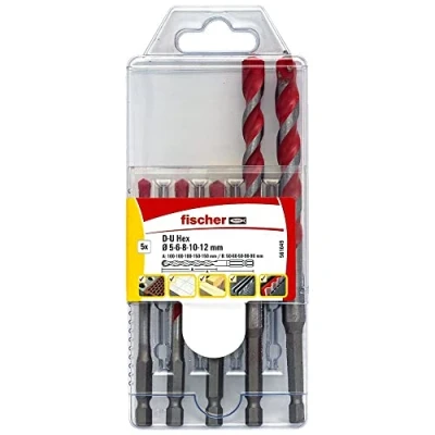 Abbildung von fischer Universalbohrer Set, 5 12 mm Durchmesser, Aufsätze für Bohrmaschinen, Bohrerset mit verschiedenen Größen, Verschleißfester Bohrer zum Bohren in unterschiedliche Materialen, 5er Pack