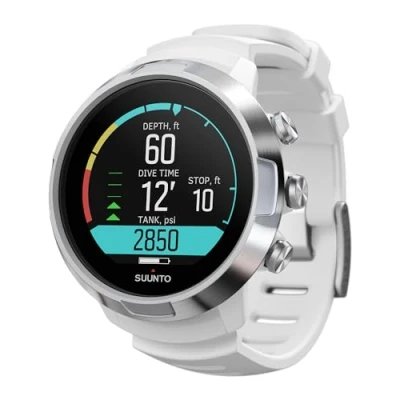 Abbildung von SUUNTO D5 Tauchcomputer mit Farbdisplay, 100m Wasserdicht, Alarmfunktion, Stoppuhr, Wetterinformationen, Kompass und einer Akkulaufzeit von bis zu 12 Stunden im Tauchmodus, Weiß