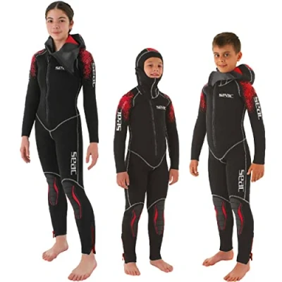 Abbildung von SEAC Unisex Youth First einteiliger Neoprenanzug mit angesetzter Haube, für Kinder und Jugendliche, 5 mm Neopren, schwarz/rot, 9 Jahr