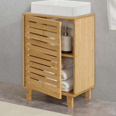Abbildung von [en.casa] Waschbeckenunterschrank Iveland Badezimmerschrank Badschrank Waschtischunterschrank mit 1 Tür und 2 Ablagefächern 60x40x30cm Bambus