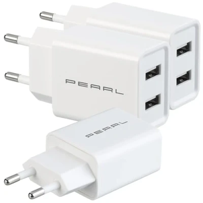Abbildung von PEARL Netzstecker USB: 3er Set 2 Port USB Netzteil für Mobilgeräte, A, 2,4 A / 12 W, weiß (Stecker USB, Handy Netzteil, Adapter Steckdose)