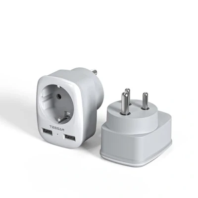 Abbildung von TESSAN 2 Pack Reiseadapter Indien mit USB, 3 in 1 Reisestecker Stromadapter, Adapter für Sri Lanka, Indien, Nepal, Fach Steckdose 2500W Typ D Steckdosenadapter Grau