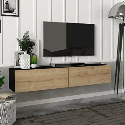Abbildung von [en.casa] Fernsehschrank Toivakka mit 2 Staufächern Lowboard 135x31x25cm Hängeboard schwebend Schwarz/Eiche