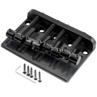 Abbildung von Musiclily Pro 57mm Schwerlast Bass Steg Bridge Vintage Messing Saitenreiter für 4 Saiter E Precision/Jazz Bass, Schwarz