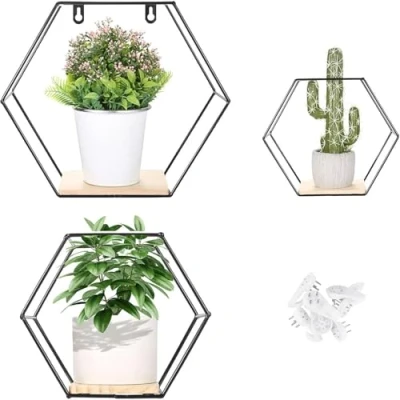Abbildung von Liesun 3er Set Hexagon wandregal Metall, Regal ohne Bohren schwarz, hänge, Wand, Wohnzimmer.