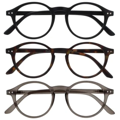 Abbildung von OPULIZE REY Lesebrille 3er Pack Runder Retro Rahmen Mattschwarz, Braunes Schildpatt, Grau Herren Damen Federscharniere RRR56 127 +3.50