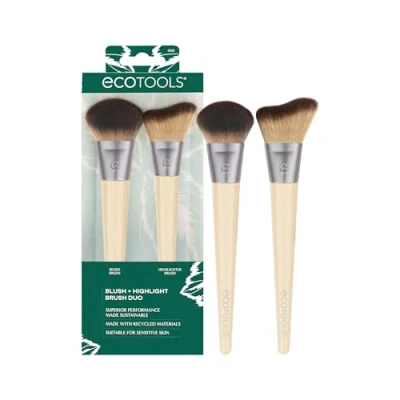 Abbildung von EcoTools New Natural Blush &amp; Highlight Duo, Face Makeup Brushes For Liquid Cream Foundation, Contour, Highlight, Dense, Synthetic Bristles Blending, Vegan Cruelty Free, 2 Count