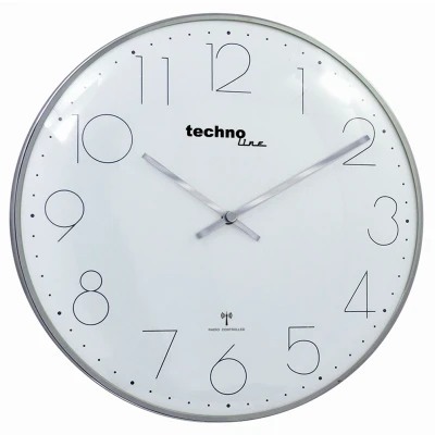 Abbildung von moderne, filigrane Funkwanduhr mit gewölbter Glasabdeckung und einem sehr übersichtlichen Ziffernblatt, von Technoline, Ø 40 cm, Chrom Optik