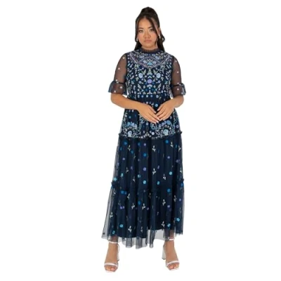 Abbildung von Maya Deluxe Women&#039;s Ladies Midaxi Dress High Neckline 3/4 Sleeve Embroidered Tulle Empire A line for Evening Occasion Prom Ball Gown Marineblau 54