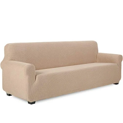 Abbildung von TIANSHU Sofabezug 4 sitzer, Stretch Spandex Couchbezug Sesselbezug Elastischer Antirutsch Stretchhusse Weich Stoff,Jacquard Sofabezug, Schonbezug für Sofa Sofahalter(Sand)