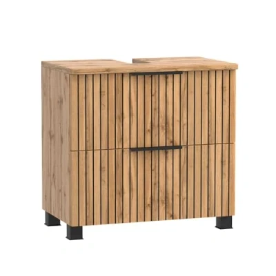 Abbildung von Lomadox Waschbeckenschrank LIVINGSTON 03 Eiche mit gestreifter Front, 60cm breit