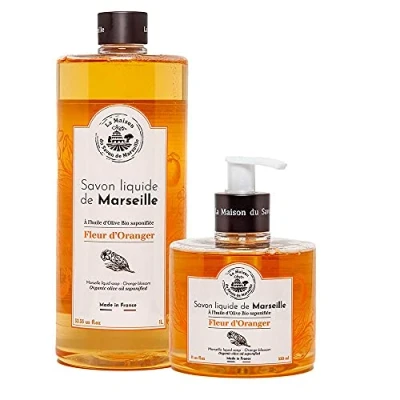 Abbildung von Savon de Marseille Französische Flüssigseife aus Bio Olivenöl Handwäsche 1 Liter und 330 ml Flaschenspender, Paar (Orangenblüte)