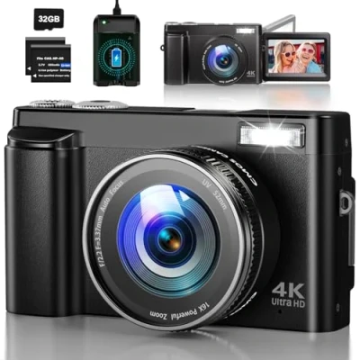 Abbildung von 4K Digitalkamera 48MP Autofokus Kamera Fotokamera mit 180 Flip Screen, 16X Digital Zoom Kompaktkamera Fotoapparat 32GB Karte, Ladestation, 2 Batterien für Teenager, Anfänger, Erwachsene