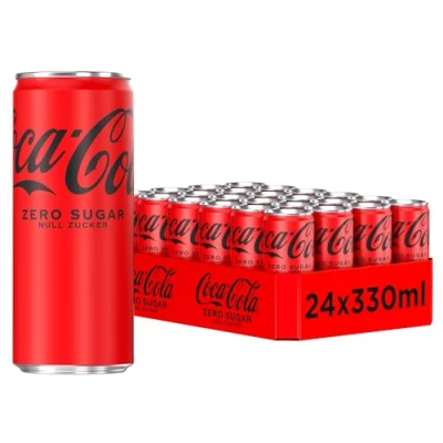Abbildung von Coca Cola Zero Sugar koffeinhaltiges Erfrischungsgetränk mit originalem Geschmack null Zucker und ohne Kalorien in stylischen Dosen (24 x 330 ml)