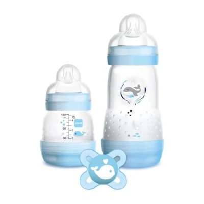 Abbildung von MAM Easy Start(TM) Anti Colic Set 0+ Monate, 2 Fläschchen 130ml und 260ml mit Nanò Schnuller 0 hellblau