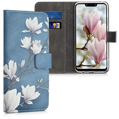 Abbildung von kwmobile Wallet Case kompatibel mit Huawei Mate 20 Lite Hülle Cover Ständer und Kartenfächern Magnolien Taupe Weiß Blaugrau
