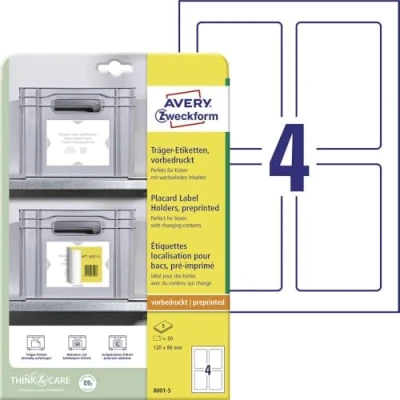 Abbildung von AVERY Zweckform Art. 8001 5 Träger Etiketten (20 Etikettenhalter, 120x80mm, beliebig oft mit allen beklebbar ohne Rückstände, für Regale, Boxen, Behälter in Lager &amp; Logistik) Blatt, weiß