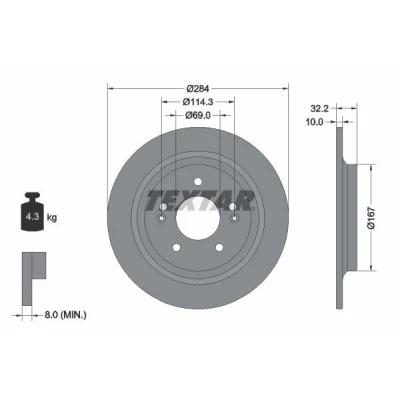 Abbildung von TEXTAR 92316303 Bremsscheibe 284 10 05/07 114,3 voll ohne Radbefestigungsbolzen, Radnabe HYUNDAI: Kona SUV