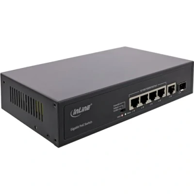 Abbildung von InLine PoE+ Gigabit Netzwerk Switch 5 Port mit 4X Ports, 65 Watt, 1x SFP Port, LWL / Glasfaser, LAN, 1GBit/s, Desktop, lüfterloses Metallgehäuse, schwarz, 32305R