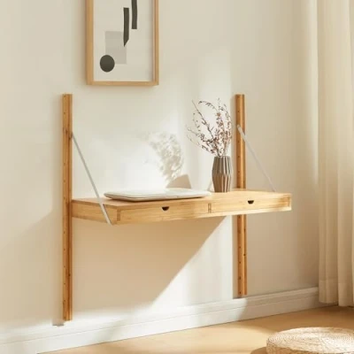 Abbildung von [en.casa] Wandregal Tingvoll Hängeregal 85 x 36 cm Bücherregal schwimmendes Regal mit Zwei Schubladen Schweberegal Bambus in Naturfarben