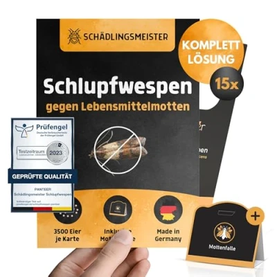Abbildung von Panteer® Schlupfwespen gegen Lebensmittelmotten + GRATIS Mottenfalle 45 Karten (15 à 3 Lieferungen) Falle Motten Made in Germany