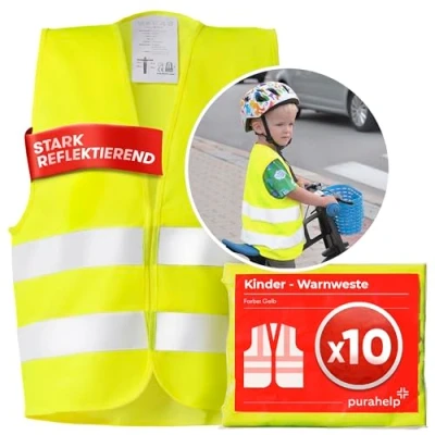 Abbildung von PURAHELP Warnweste Kinder (5 12 Jahre) Sicherheitsweste (10 Stück) für den Schulweg, Fahrrad, Auto Reflektierende Gelb