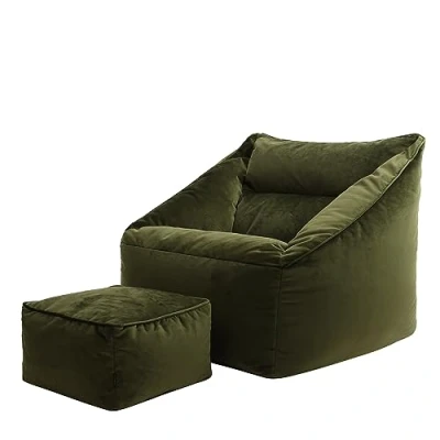 Abbildung von Icon Riesen Sitzsack Sessel „Natalia“ mit Hocker, Olive, Plüsch XXL Erwachsene Füllung für das Wohnzimmer, Riesensitzsack Sofa