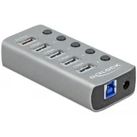 Abbildung von Delock USB 3.0 Hub 4 Port + 1 Schnellladeport Aktiv mit Netzteil, LED Beleuchtung &amp; Einzelne Schalter EIN/Aus, 80 cm Kabel Länge, grau, 63262