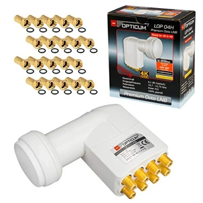 Abbildung von HB DIGITAL Octo LNB LNC Opticum Red LOP 04H 8 Teilnehmer Direkt *** FULL HD TV 3D 4K UHD Ultra weiß + Wetterschutz (ausziehbar) 16x F Stecker vergoldet im SET mit dabei