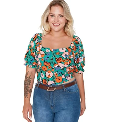 Abbildung von Trendyol Damen Woman Regular Standard Square Collar Woven Plus Size Blouse Hemd, Multi Color, 46