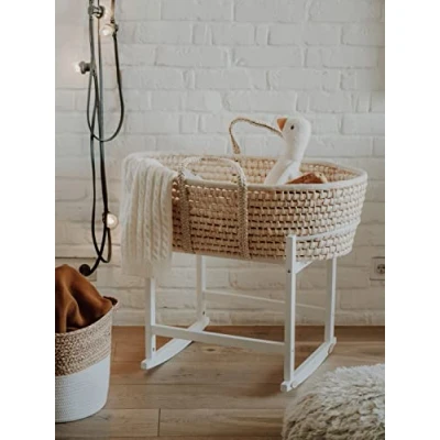 Abbildung von Baby Moseskorb mit Schaukelständer und dreilagiger Matratze, Stubenwagen Holzständer, Bettwäsche, Handgemachter Schlafkorb, Babybett, Babyzimmer, Semi Single, 23