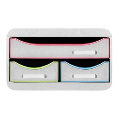 Abbildung von Exacompta 311913D Ablagebox Harlekin mit 1 Schublade für DIN A4+ und 2 schmalen Schubladen. Belastbare Schubladenbox aus Recycling Kunststoff mehr Platz. SmallBox Blauer Engel Weißbunt