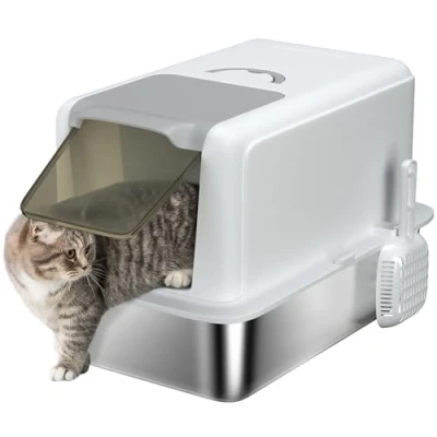 Abbildung von PawHut Katzentoilette geschlossenes Katzenklo mit Wanne aus Edelstahl, für Katzen bis 6 kg, 40,5 x 60,5 41,5 cm, Weiß