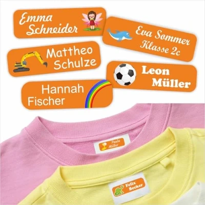 Abbildung von Indigos UG Namensschilder für Kleidung orange 35x10mm 60 Stück Namensaufkleber Kinder Schule &amp; Gegenstände, Kindergarten, KITA Wäscheetiketten selbstklebend