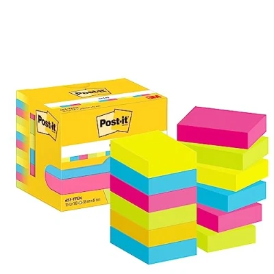 Abbildung von Post it Notes Energetic Collection, Packung mit 12 Blöcken, 100 Blatt pro Block, 38 mm x 51 mm, Farbe: Gelb, Blau, Pink, Grün Selbstklebende Notizzettel für Notizen, To Do Listen &amp; Erinnerungen