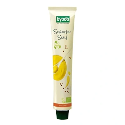 Abbildung von Byodo Bio Scharfer Senf Extra Scharf 100ml 100% Zutaten, Frisch Vermahlene Senfkörner, Cremige Textur, Recycelte Aluminium Tube, Perfekt für Dressings &amp; Marinaden