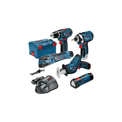 Abbildung von Bosch Professional 12V System Akku Bohrschrauber GSR 15+Drehschlagschrauber GDR 105+Säbelsäge GSA 14+Multi Tool GOP LI+LED Lampe GLI LI (+3x2.0Ah Akku, Ladegerät, L BOXX)