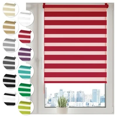 Abbildung von Doppelrollo Klemmfix ohne Bohren 105cm x 130cm Rot Duo Rollo Klemmrollo Sonnenschutzrollo Fensterrollo für Fenster &amp; Türen Zebrarollo Seitenzugrollo