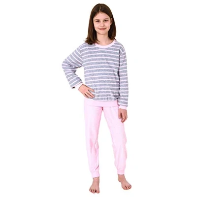 Abbildung von Mädchen Frottee Pyjama Langarm mit Bündchen Schlafanzug Herz Motiv 65498, Farbe:grau, Größe:158 164