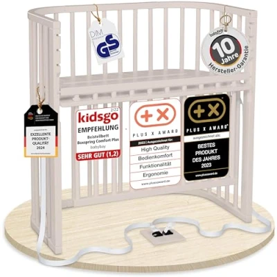 Abbildung von babybay Boxspring Comfort Plus Beistellbett aus massivem Buchenholz/Kinderbett Höhe stufenlos verstellbar &amp; umweltfreundlich/mitwachsendes Babybett mit Verschlussgitter (beige lackiert)