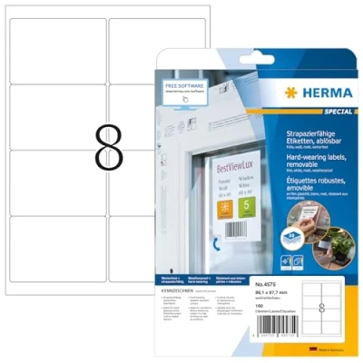 Abbildung von HERMA 4575 Wetterfeste Folienetiketten ablösbar, 20 Blatt, 99,1 x 67,7 mm, 8 pro A4 Bogen, 160 Stück, selbstklebend, bedruckbar, matt, blanko Klebeetiketten Aufkleber aus Folie, weiß